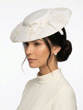 Vintage 50s White Straw Fascinator Hat Dotted Tulle Feather Floral Mid Century